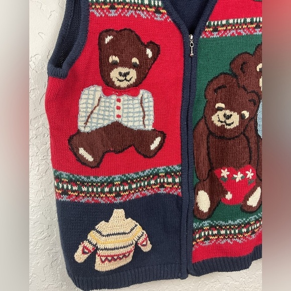Women’s Vintage Capacity Teddy Bear Zip Up Sweater Vest Size Large Novelty Fun - Picture 5 of 7